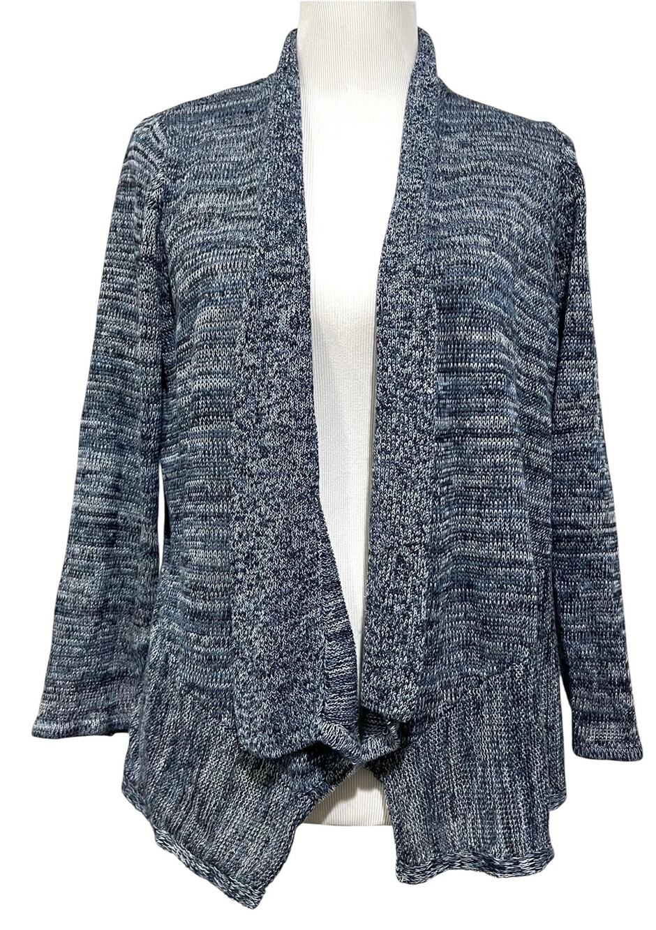Blue Illusion Linen Cardigan Sweater Size L Waterfall Style Blue Knit